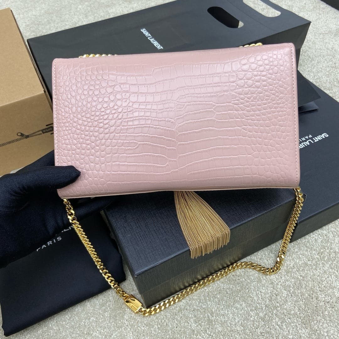 Saint Laurent Shoulder Bag Pink Blush Croc Ferragens Dourados