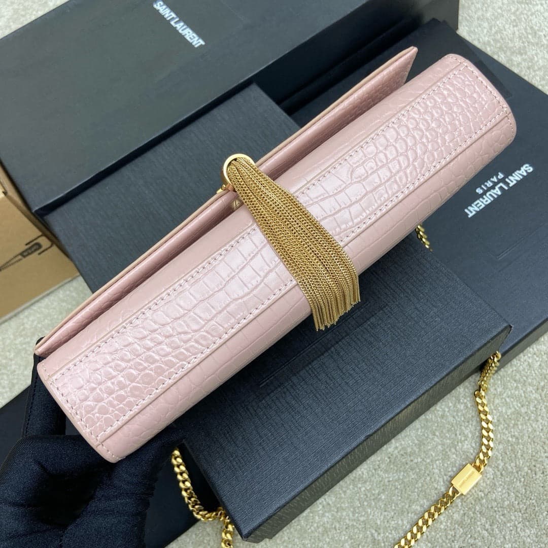 Saint Laurent Shoulder Bag Pink Blush Croc Ferragens Dourados