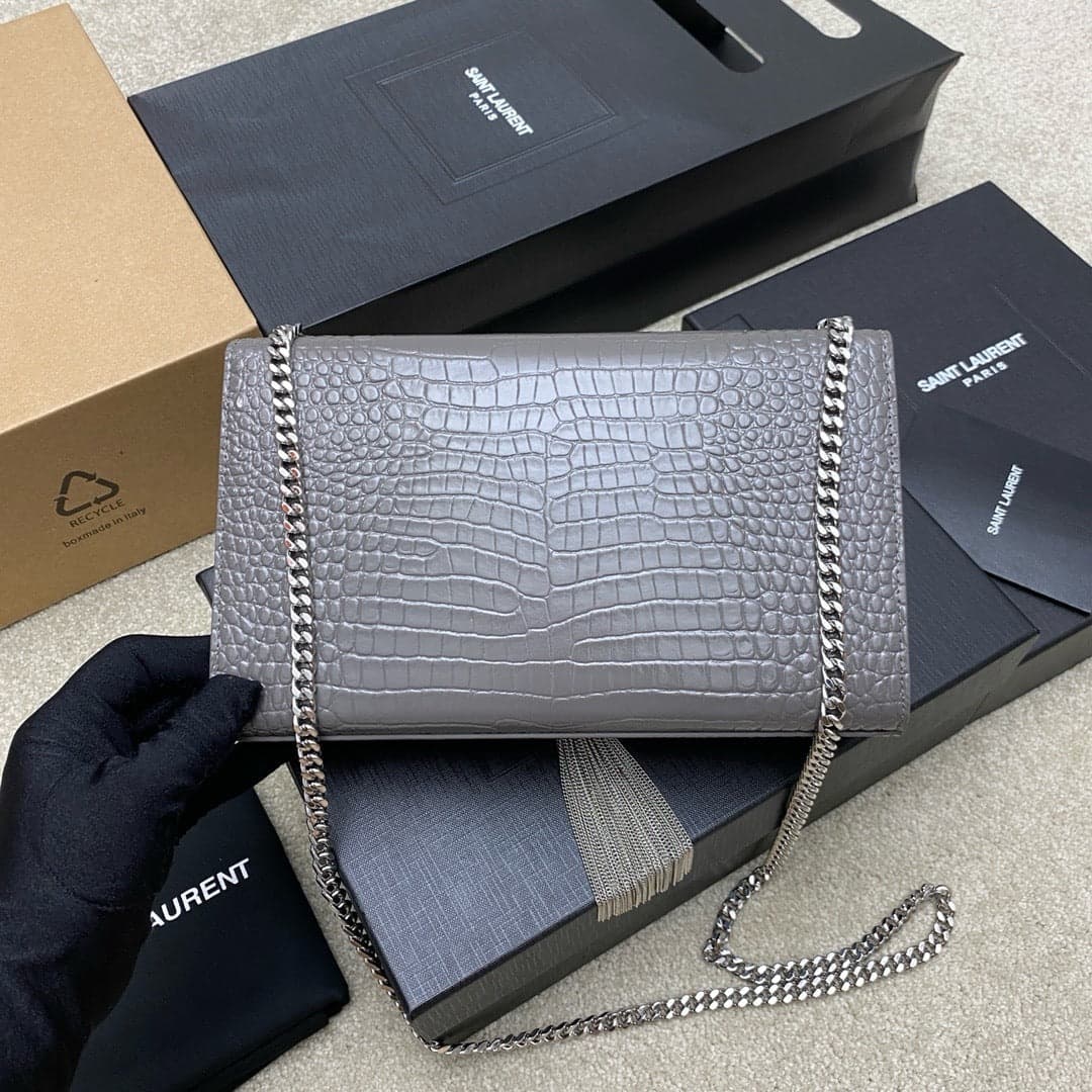 Saint Laurent Shoulder Bag Grafite Croc Ferragens Prata