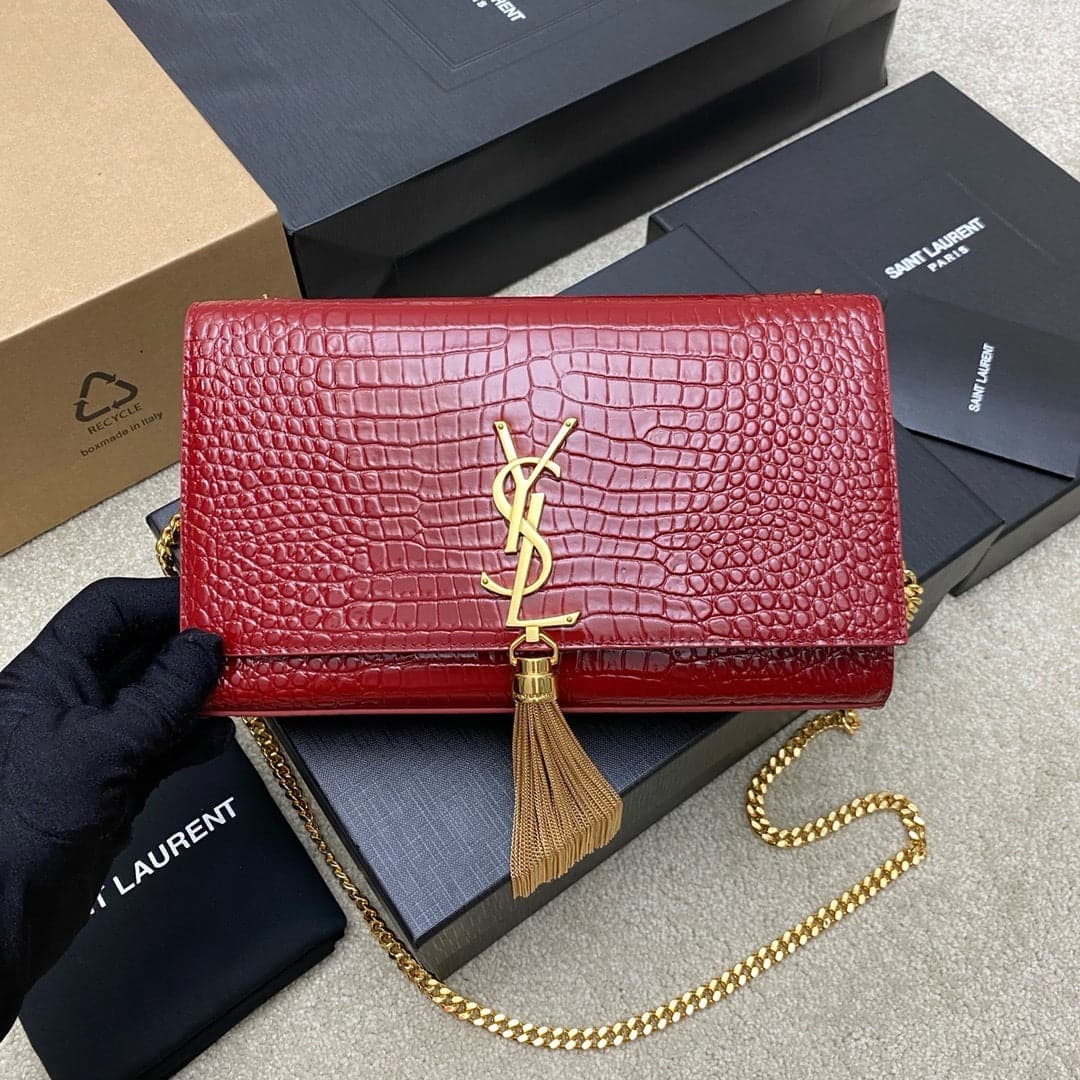 Saint Laurent Shoulder Bag Red Croc Ferragens Douradas