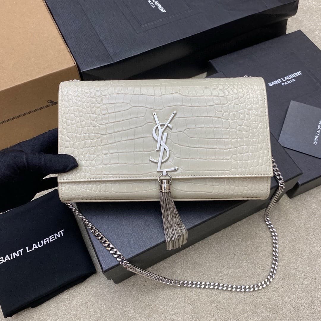 Saint Laurent Shoulder Bag Off-White Croc Ferragens Prata