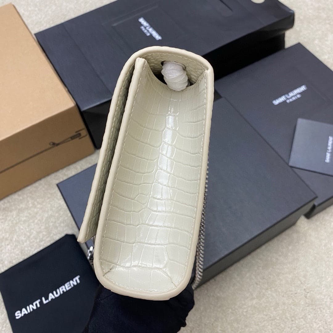 Saint Laurent Shoulder Bag Off-White Croc Ferragens Prata