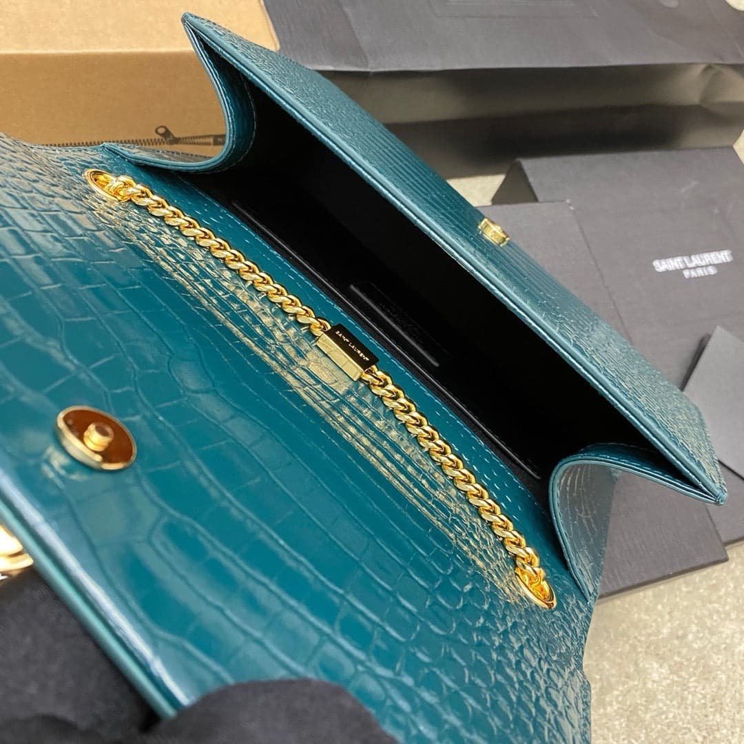 Saint Laurent Shoulder Bag Blue petróleo Croc Ferragens Douradas