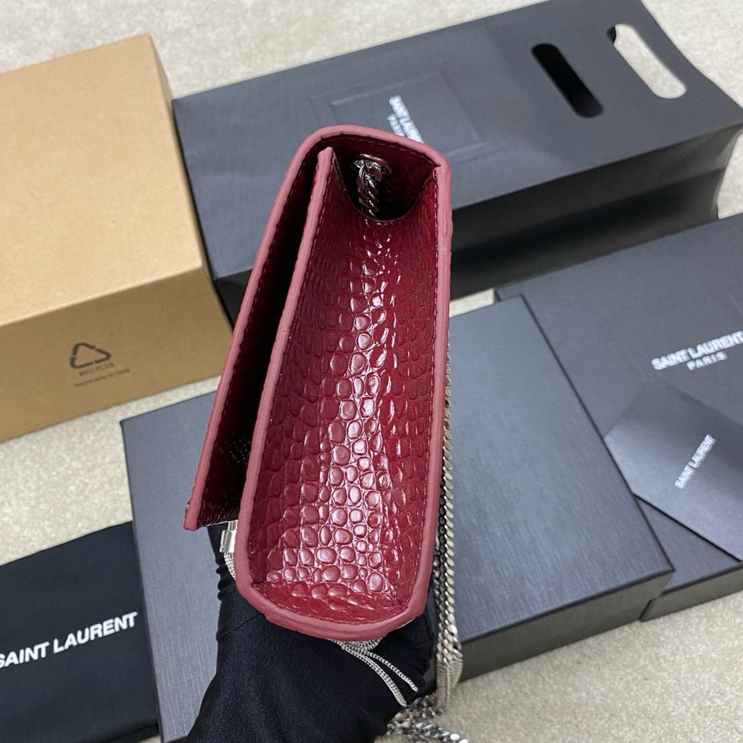 Saint Laurent Shoulder Bag Bordo Croc Ferragens Prata
