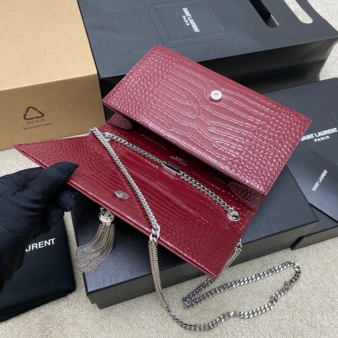 Saint Laurent Shoulder Bag Bordo Croc Ferragens Prata