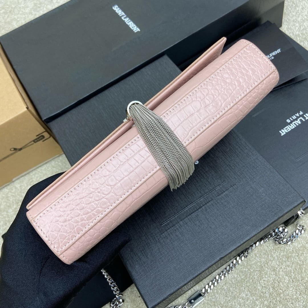 Saint Laurent Shoulder Bag Pink Blush Croc Ferragens Prata