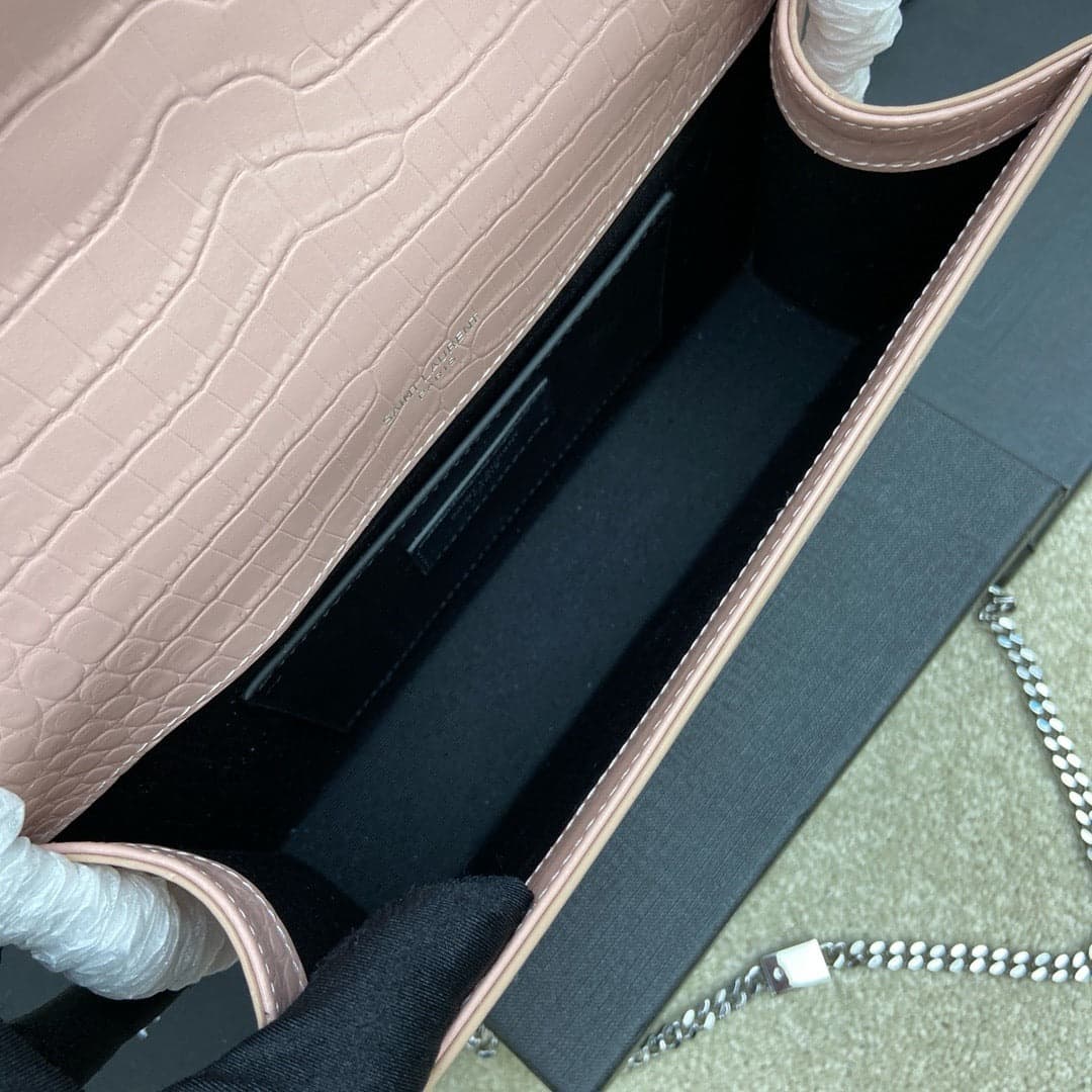 Saint Laurent Shoulder Bag Pink Blush Croc Ferragens Prata
