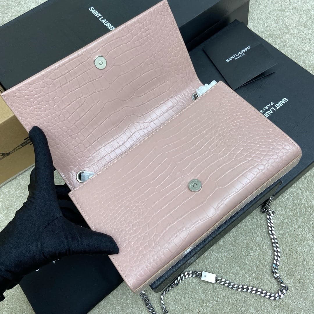 Saint Laurent Shoulder Bag Pink Blush Croc Ferragens Prata