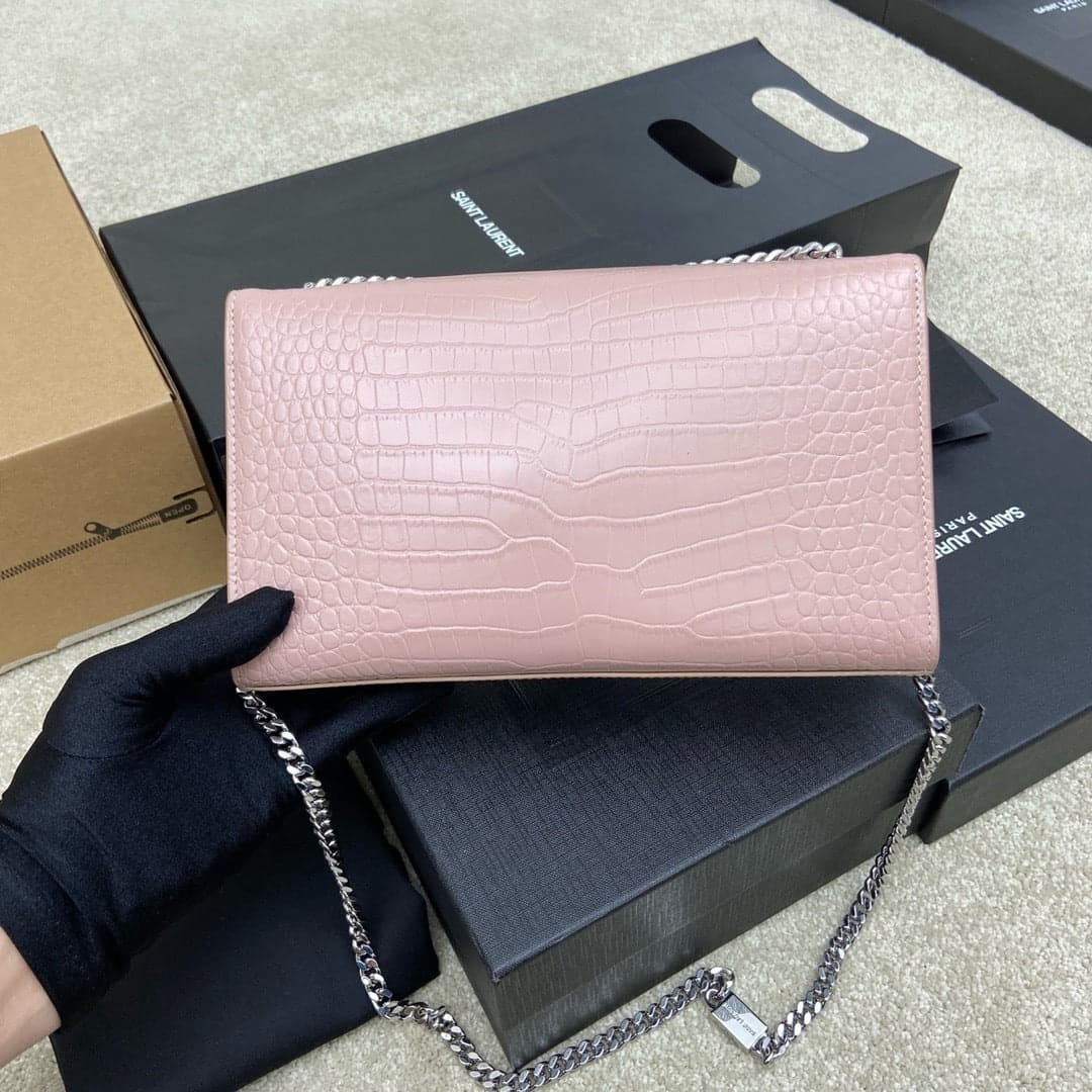 Saint Laurent Shoulder Bag Pink Blush Croc Ferragens Prata