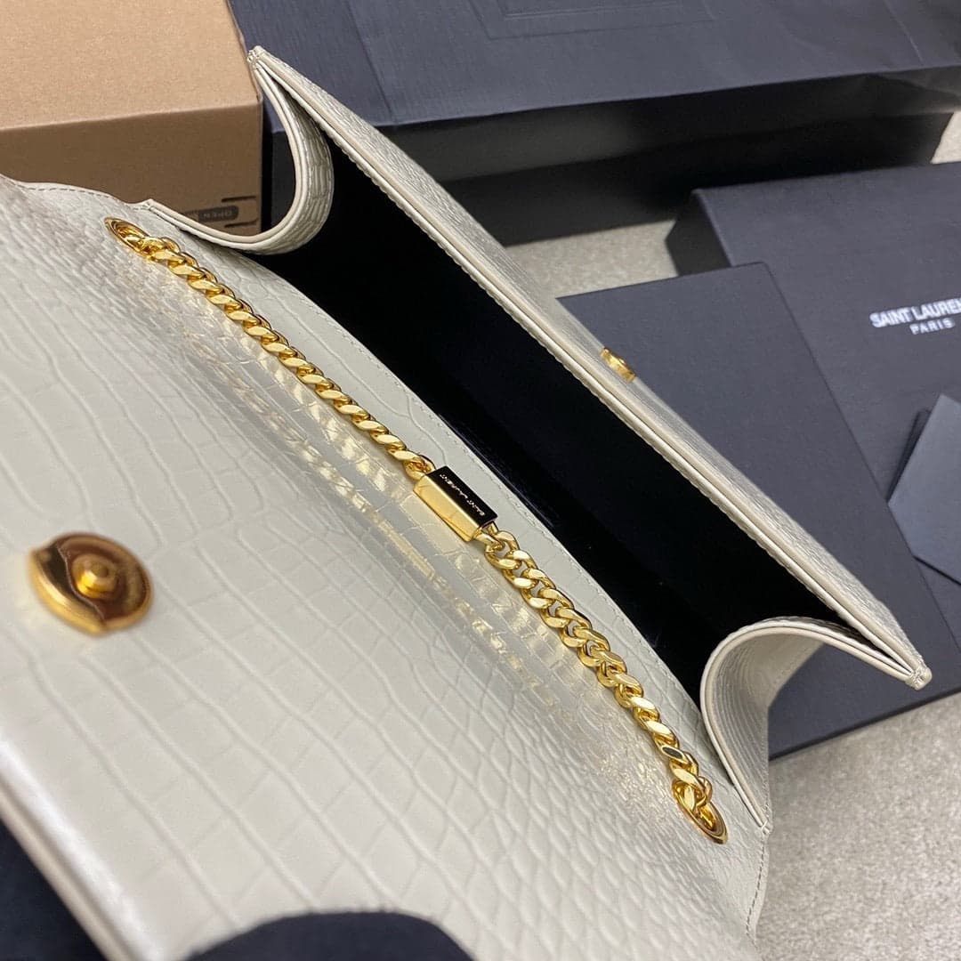 Saint Laurent Shoulder Bag Off-White Croc Ferragens Douradas