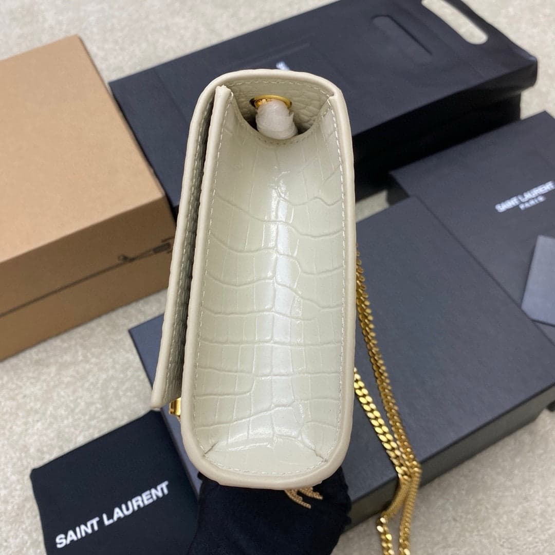 Saint Laurent Shoulder Bag Off-White Croc Ferragens Douradas