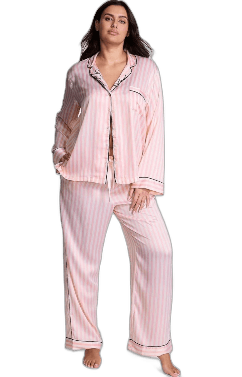 Pijama Victoria's Secret Cetim Manga Longa Listrado