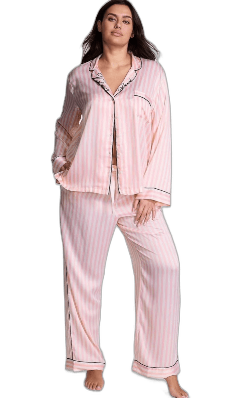 Pijama Victoria's Secret Cetim Manga Longa Listrado
