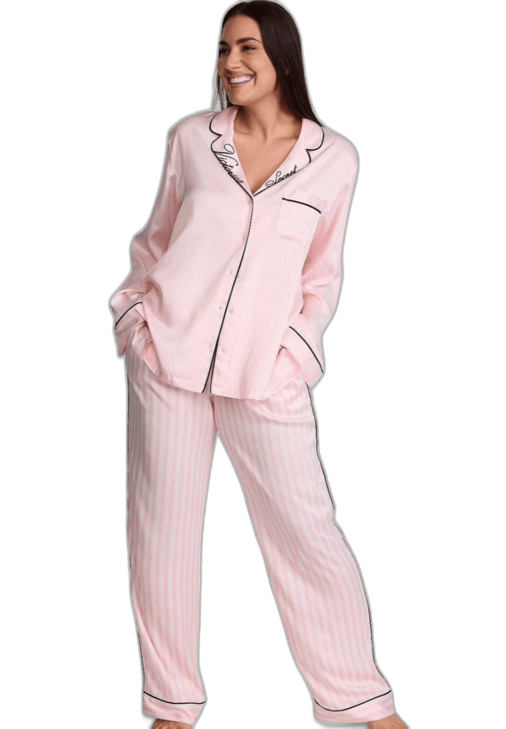 Pijama Victoria's Secret Signature Satin Longo Listrado Rosa